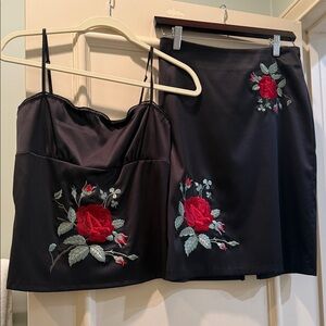 Black Satin Two-Piece Set with Red Rose Embroidery